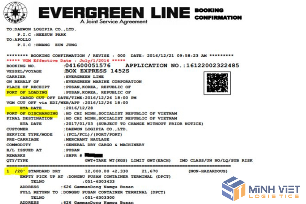 Mẫu nội dung booking note của Evergreen Line